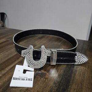 NWT True Religion Black Moc Croc Rhinestone Horseshoe Belt